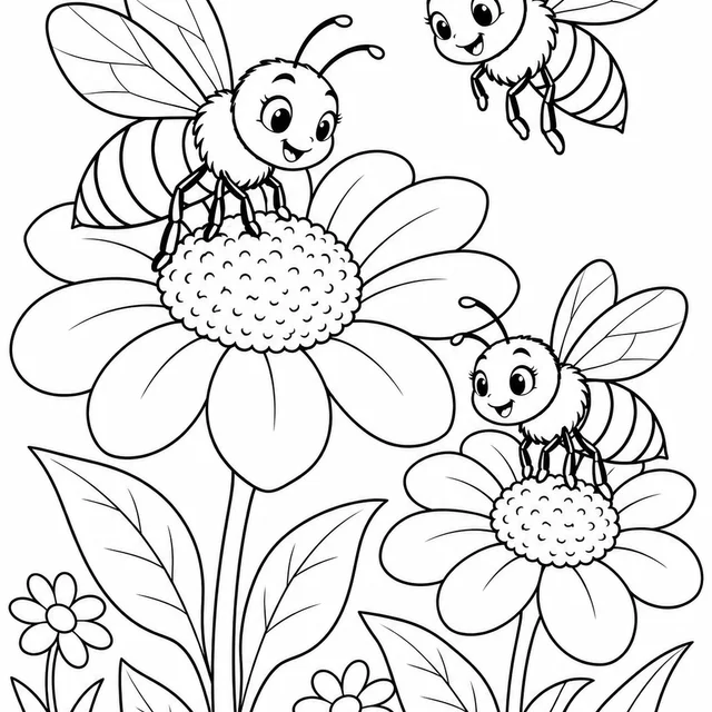 Abelhas visitando flores grandes para colorir