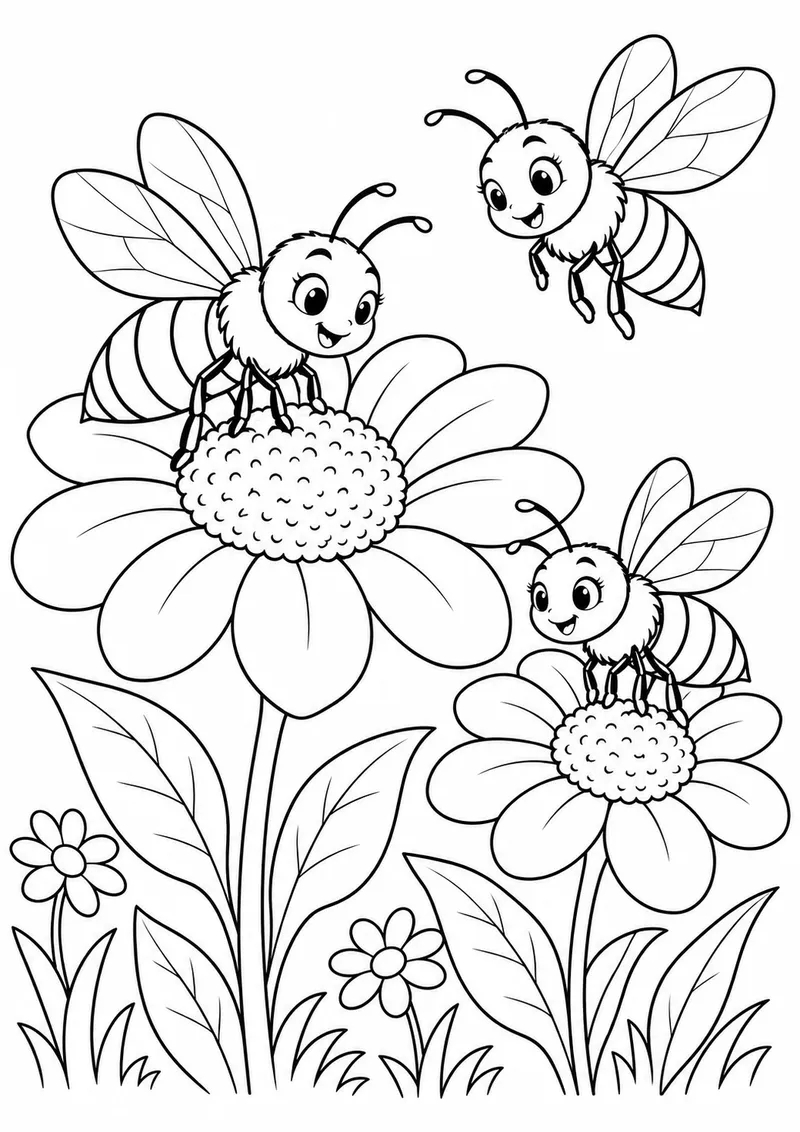 Abelhas visitando flores grandes para colorir