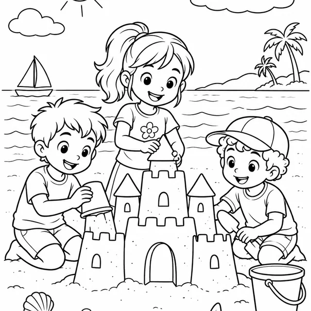 Amigos construindo um castelo de areia para colorir