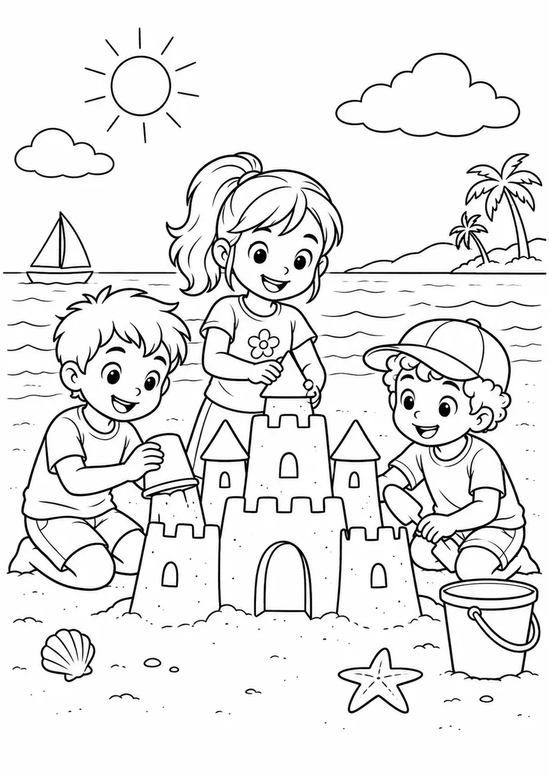 Amigos construindo um castelo de areia para colorir