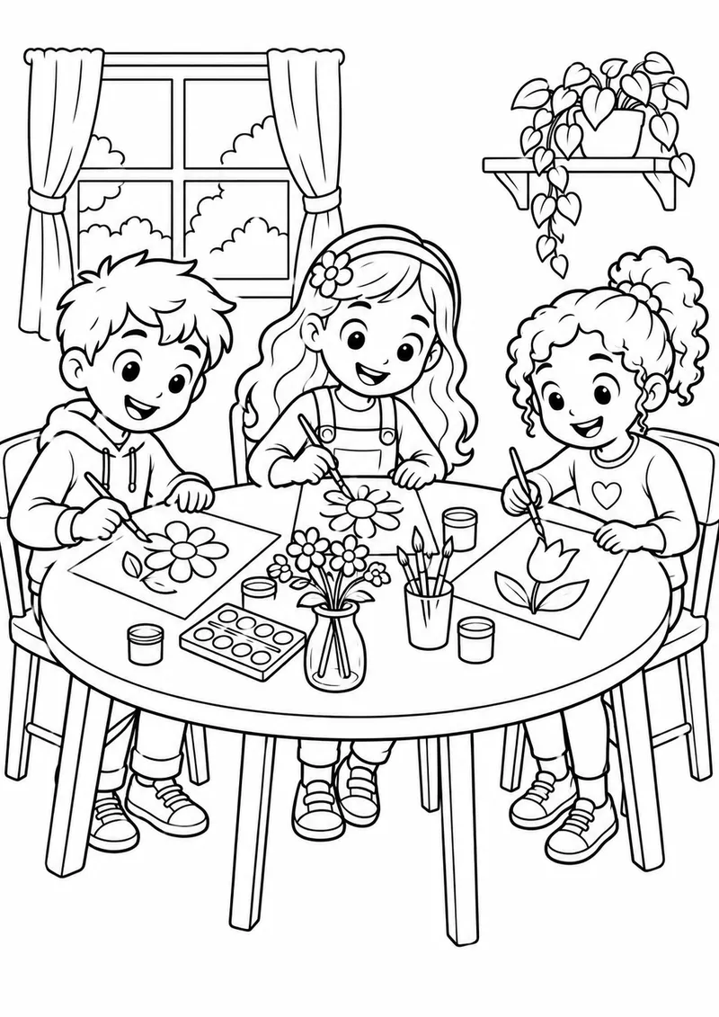 Amigos pintando flores numa mesa para colorir