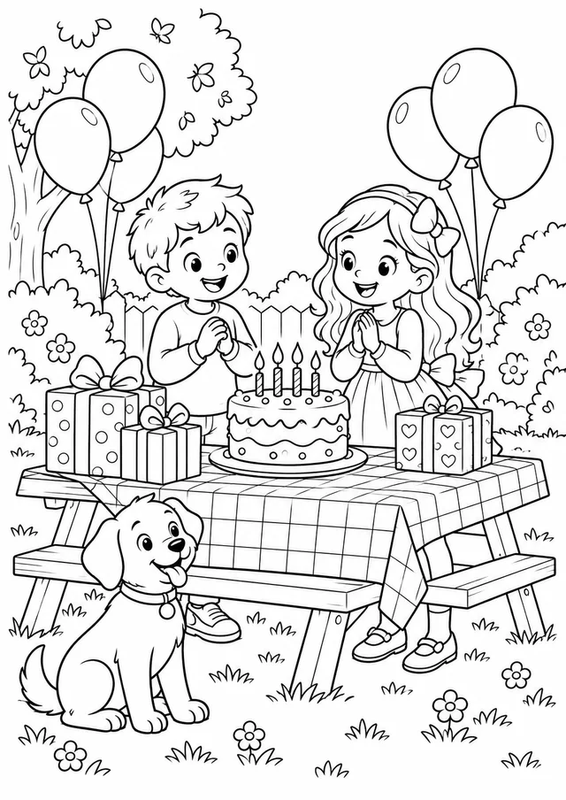 Aniversário no jardim para colorir