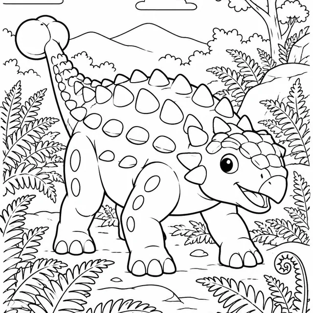 Anquilossauro entre samambaias para colorir