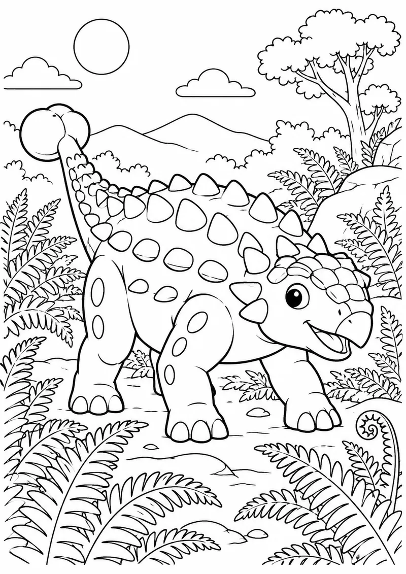Anquilossauro entre samambaias para colorir