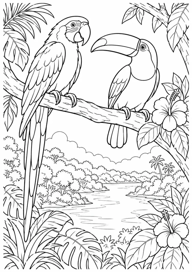 Arara e tucano na Amazônia para colorir
