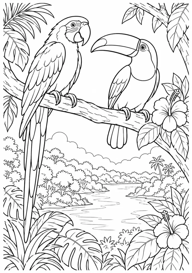 Arara e tucano na Amazônia para colorir