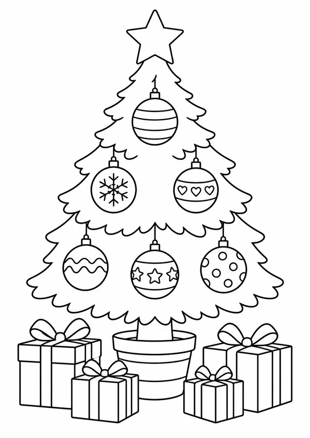 Árvore de Natal com bolas e presentes para colorir