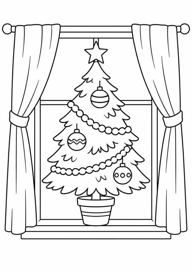 Árvore de Natal na janela para colorir