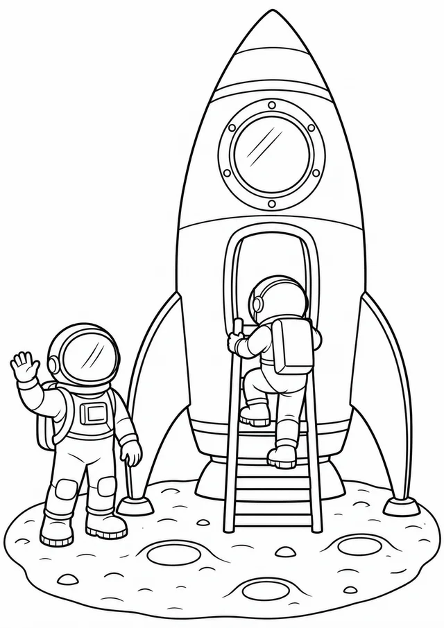 Astronauta descendo a escada do foguete para colorir