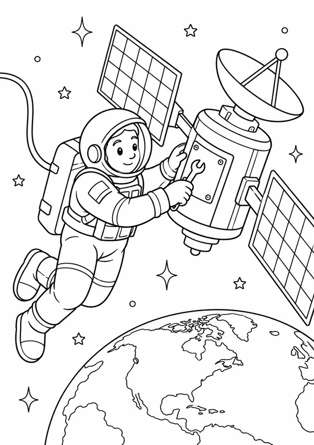 Astronauta reparando um satélite para colorir