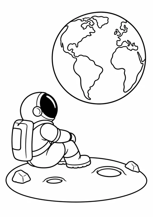 Astronauta sentado na Lua olhando a Terra para colorir