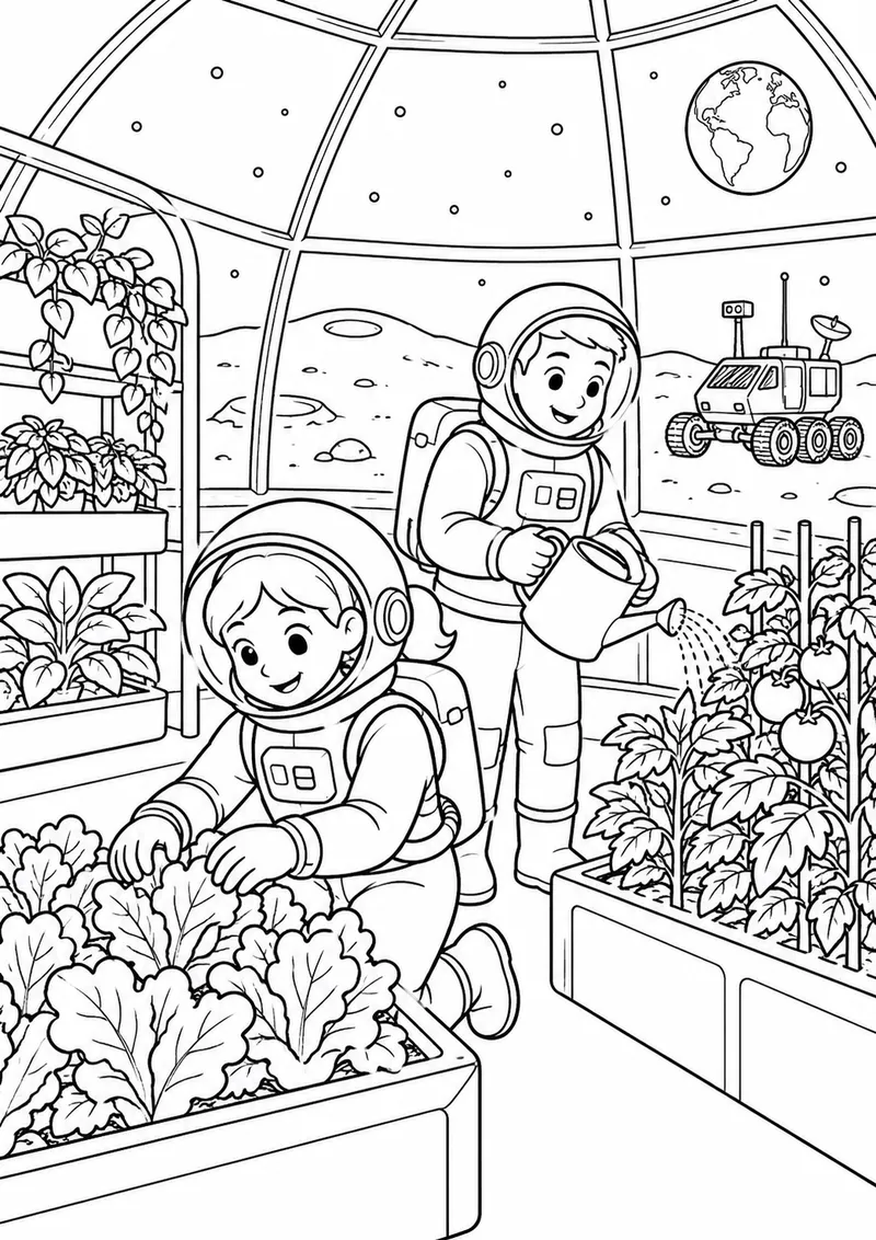 Astronautas no jardim espacial para colorir