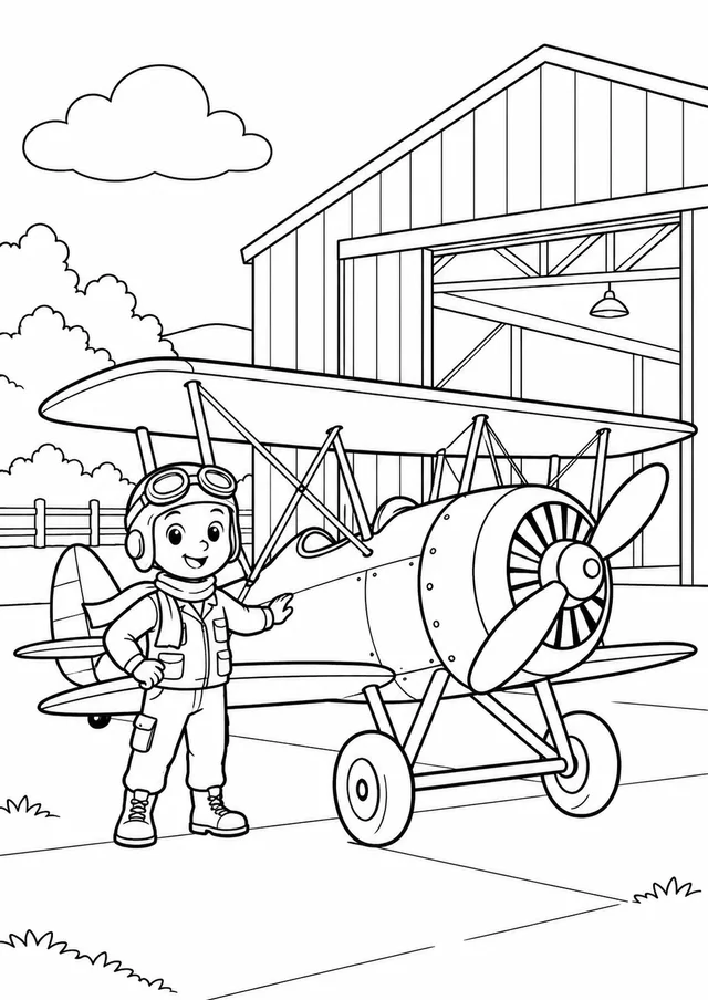 Avião biplano junto ao hangar para colorir