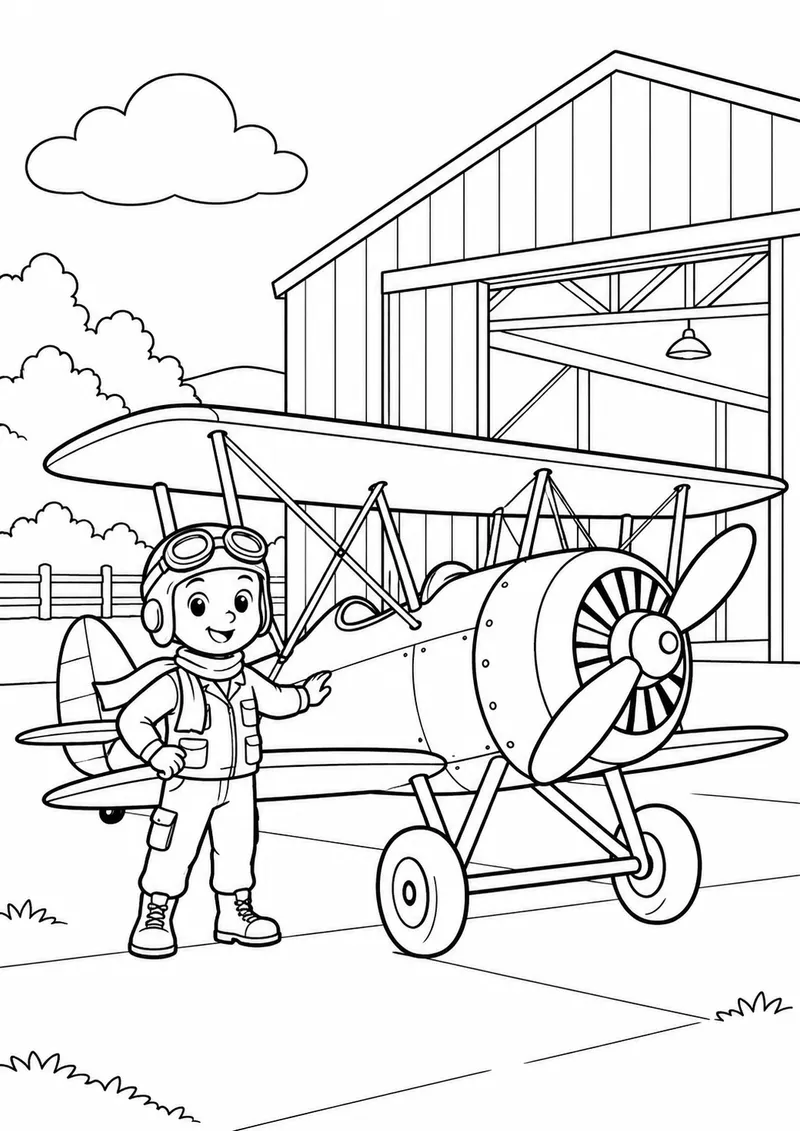 Avião biplano junto ao hangar para colorir