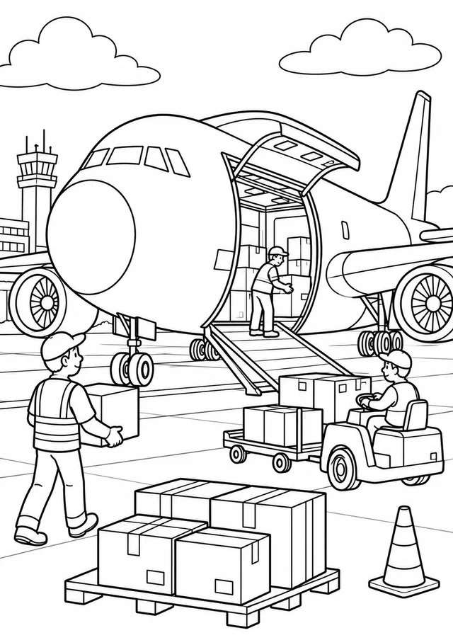 Avião cargueiro na pista com caixas para colorir