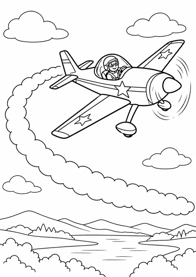 Avião de acrobacia deixando trilha curva para colorir