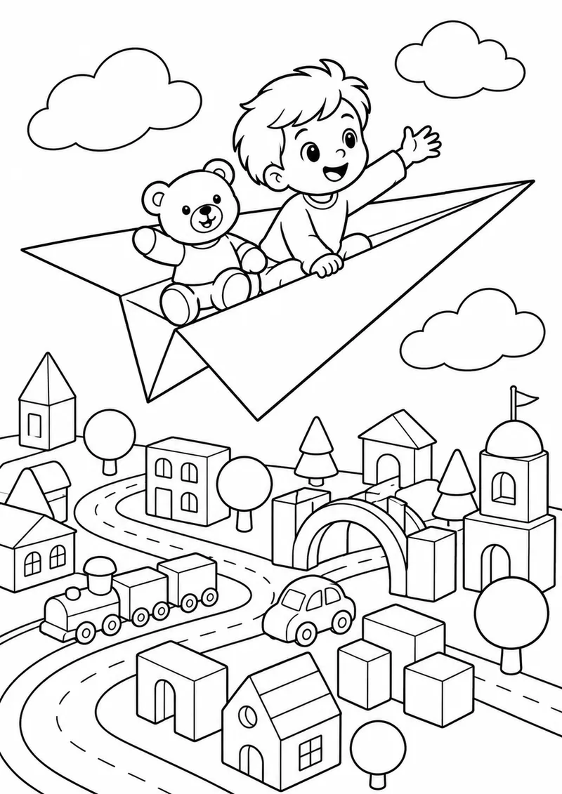 Avião de papel sobre uma cidade de brinquedo para colorir