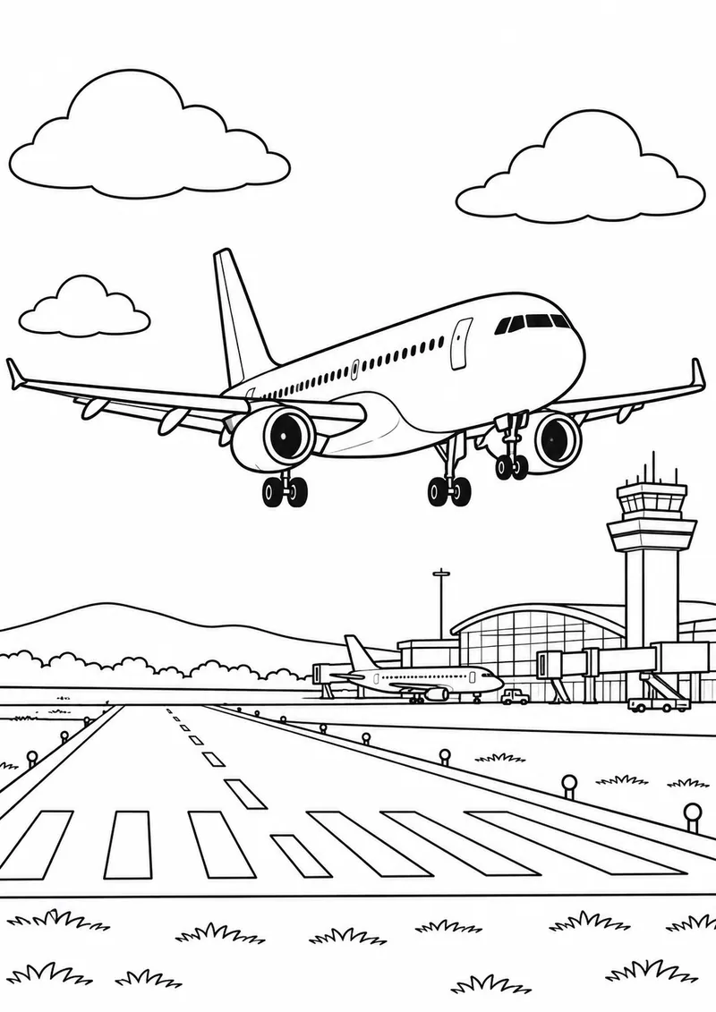 Avião de passageiros pousando no aeroporto para colorir