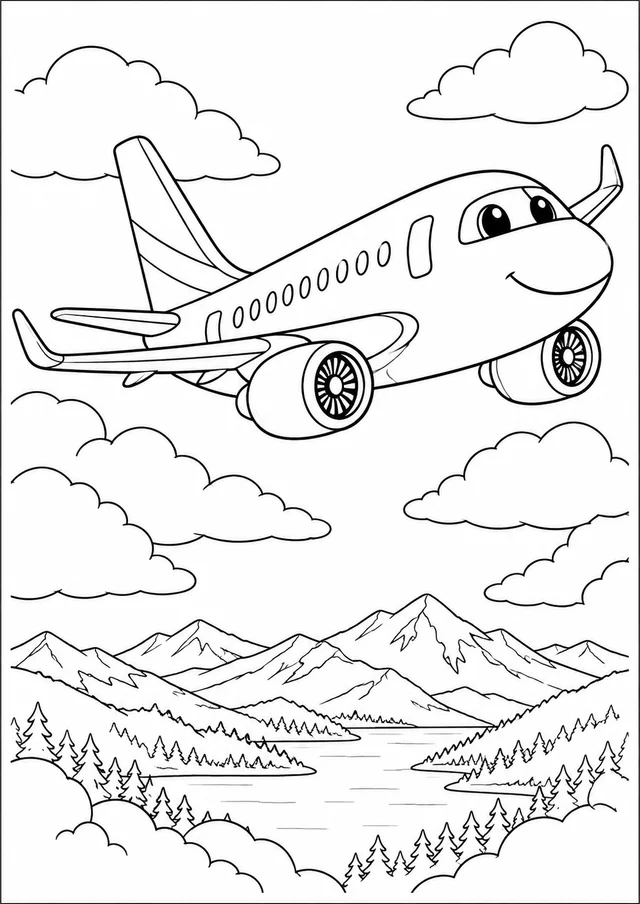 Avião entre nuvens para colorir