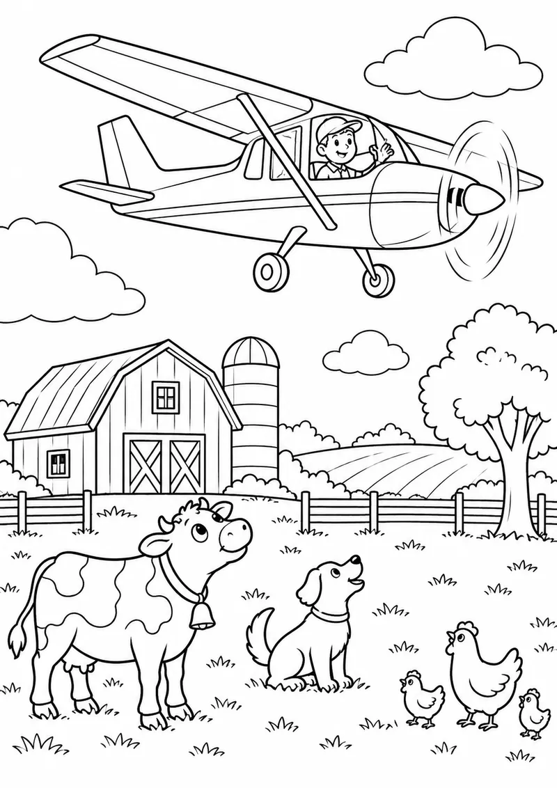Avião sobre uma fazenda para colorir