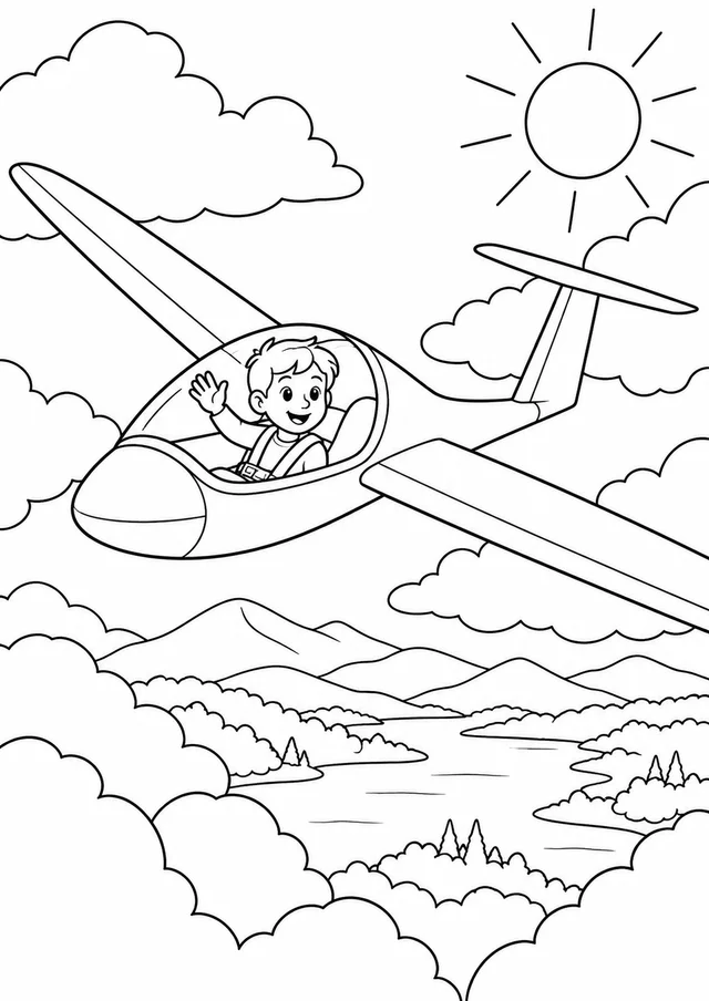 Avião planador entre nuvens para colorir