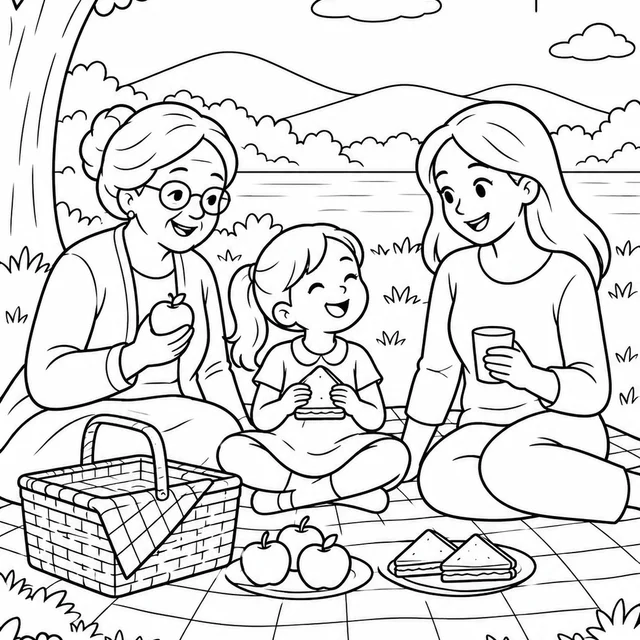 Avó e mãe com criança num piquenique para colorir