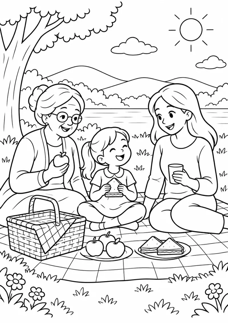 Avó e mãe com criança num piquenique para colorir