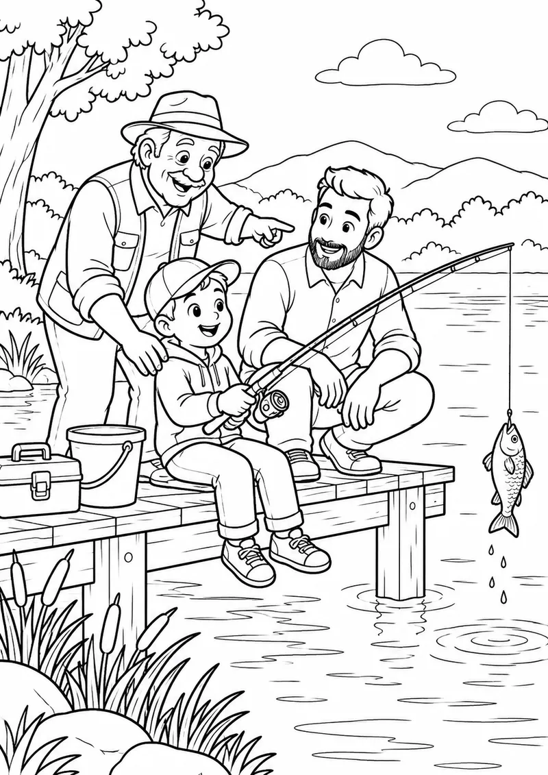 Avô e pai ensinando criança a pescar para colorir