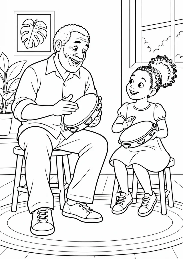 Avô negro ensinando neta a tocar pandeiro para colorir