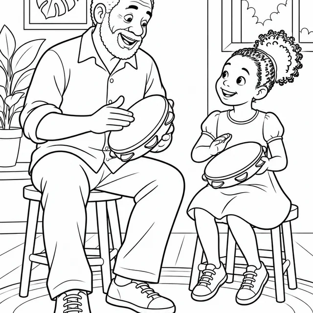 Avô negro ensinando neta a tocar pandeiro para colorir