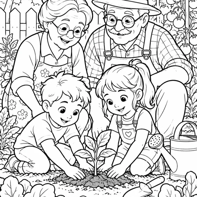 Avós e netos na horta para colorir
