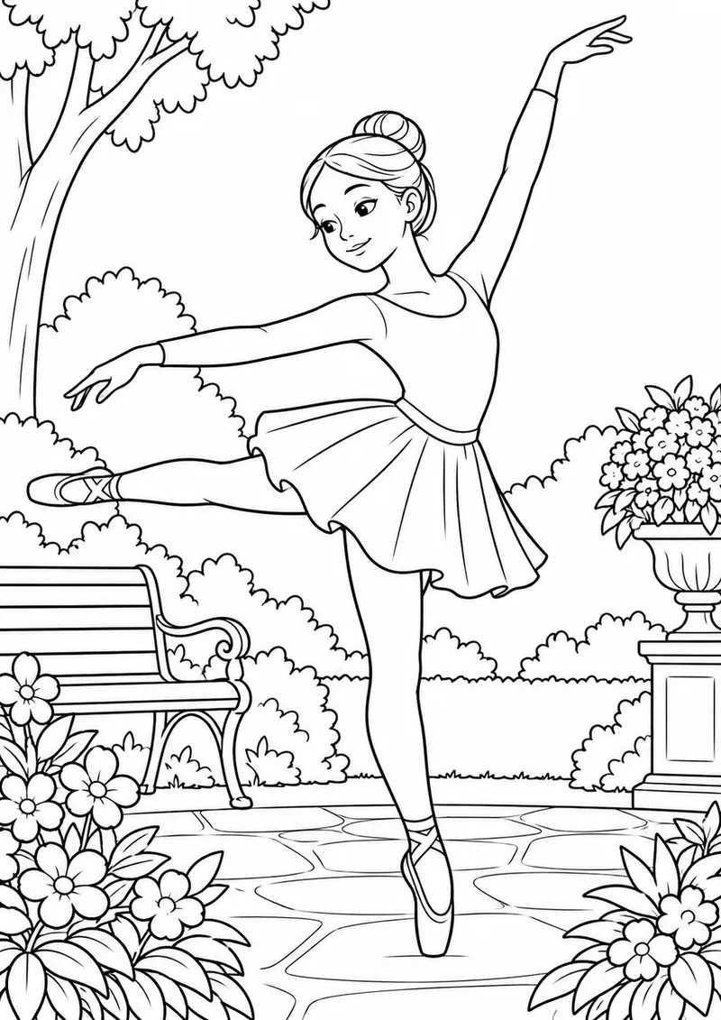 Bailarina ensaiando no jardim para colorir