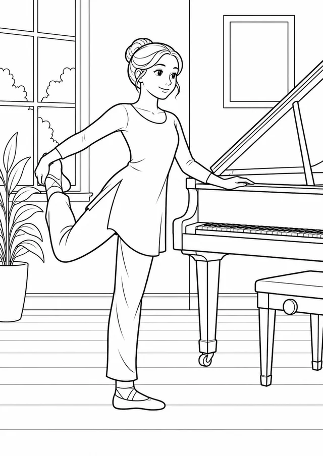 Bailarina alongando ao lado do piano para colorir