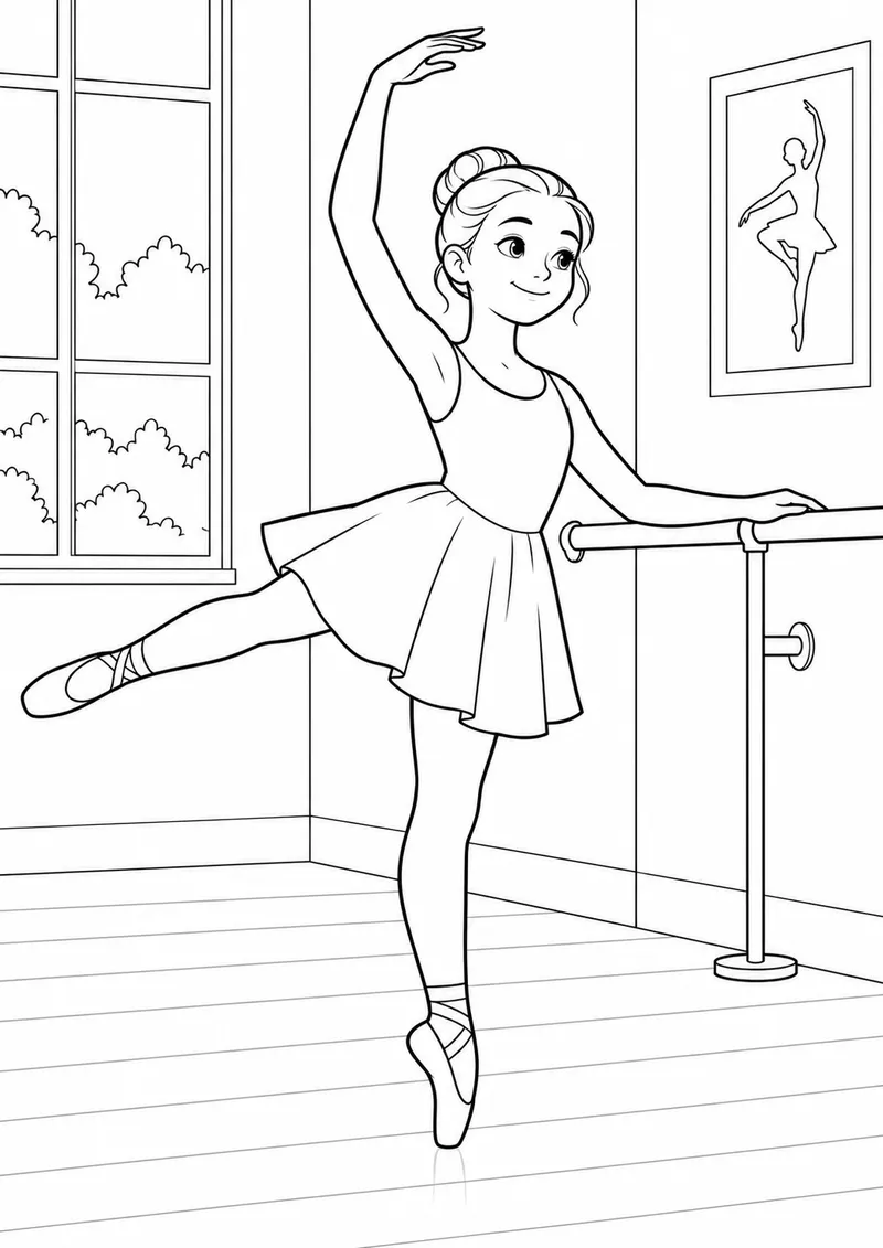 Bailarina junto à barra para colorir