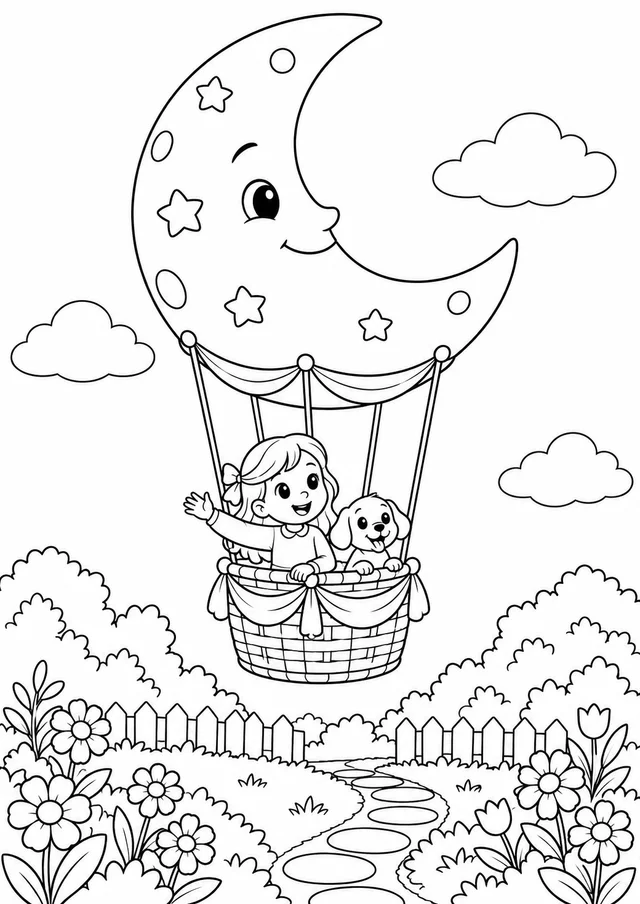 Balão em forma de lua sobre um jardim para colorir
