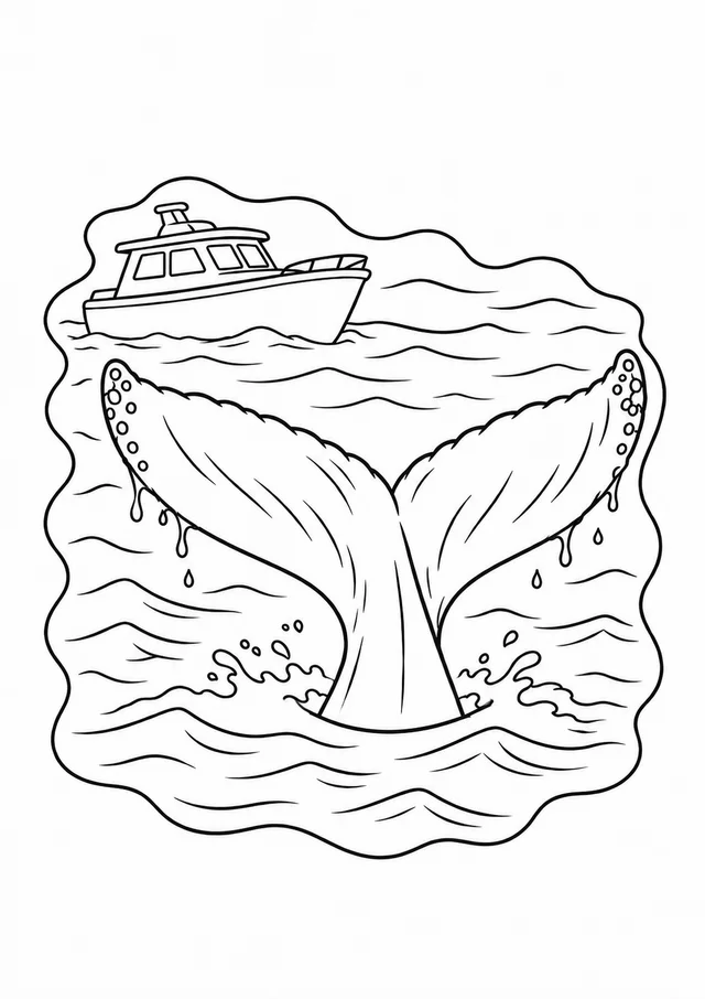 Baleia e barco de observação para colorir
