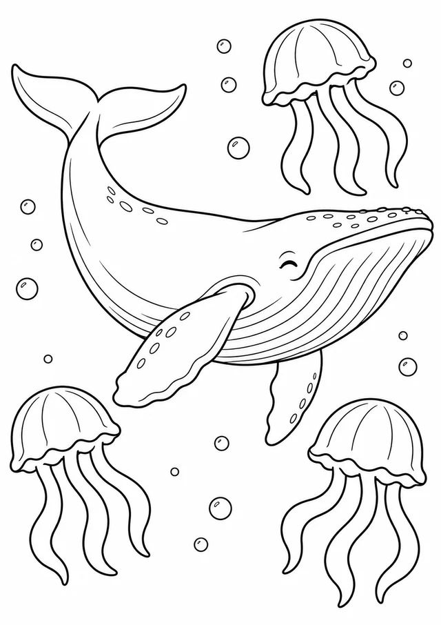 Baleia entre águas-vivas para colorir