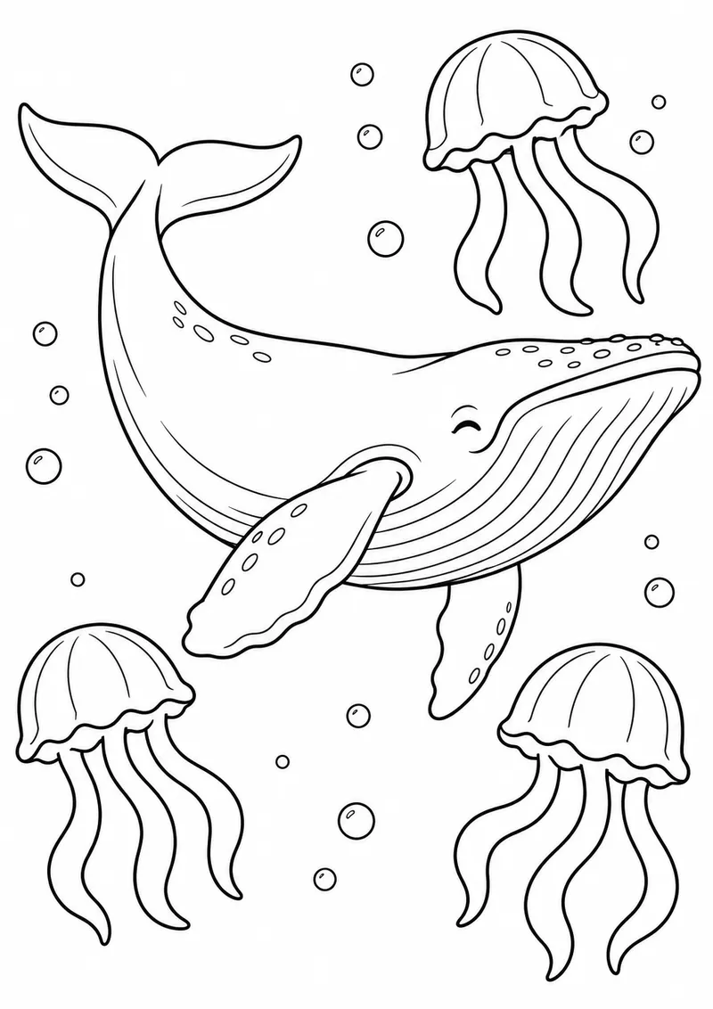 Baleia entre águas-vivas para colorir