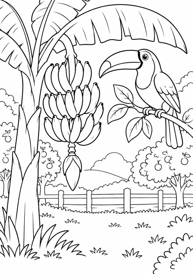 Bananas e tucano no pomar para colorir