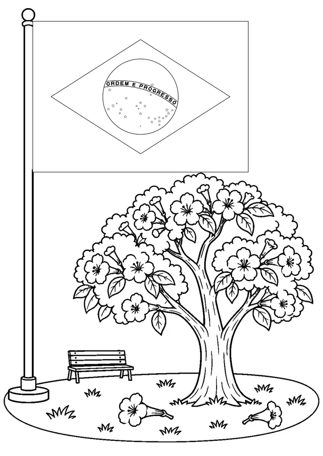 Bandeira do Brasil e ipê-amarelo para colorir