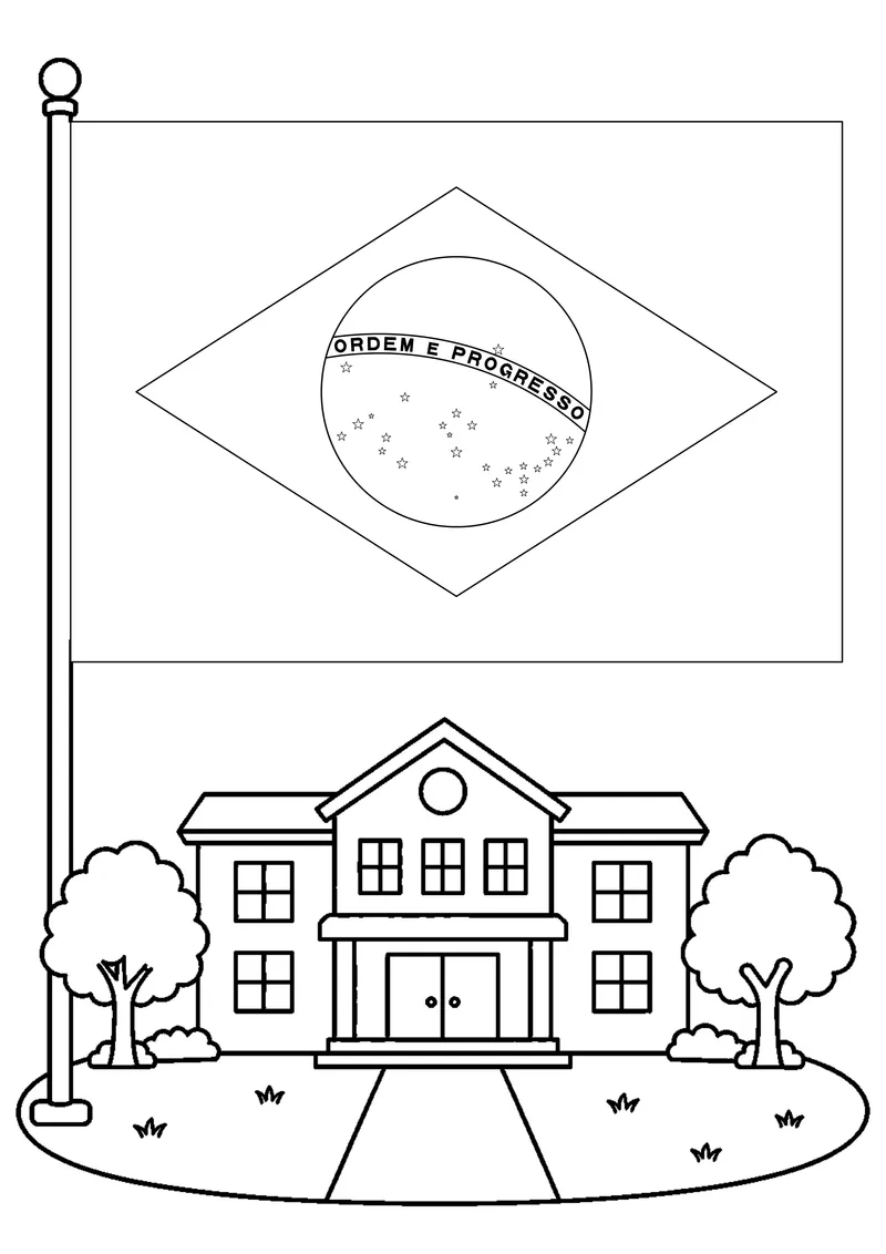 Bandeira do Brasil em frente à escola para colorir
