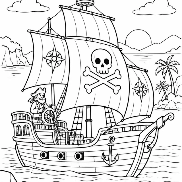 Barco pirata com velas originais na baía para colorir