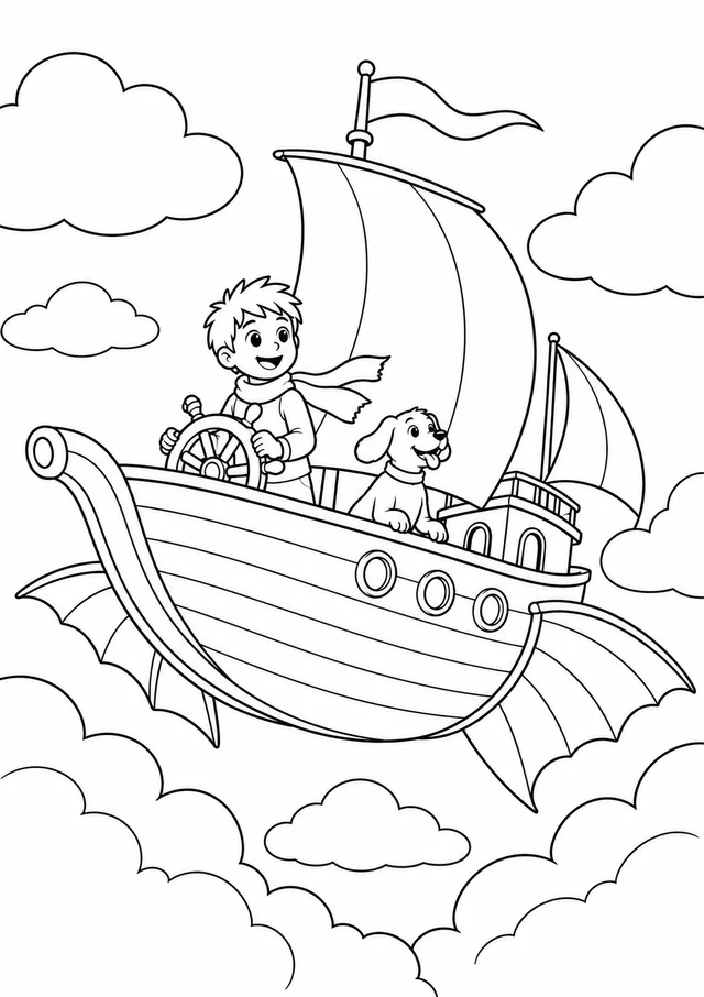 Barco voador entre nuvens de formas grandes para colorir
