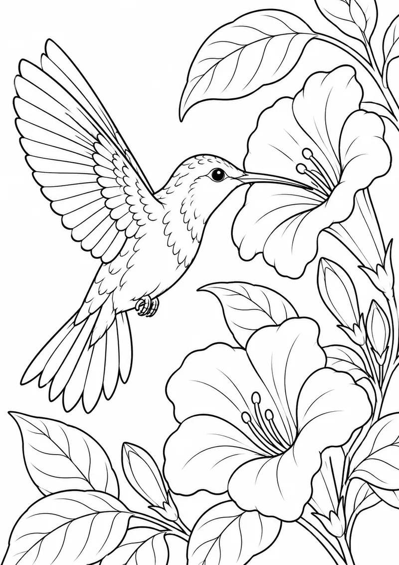 Beija-flor e flores para colorir