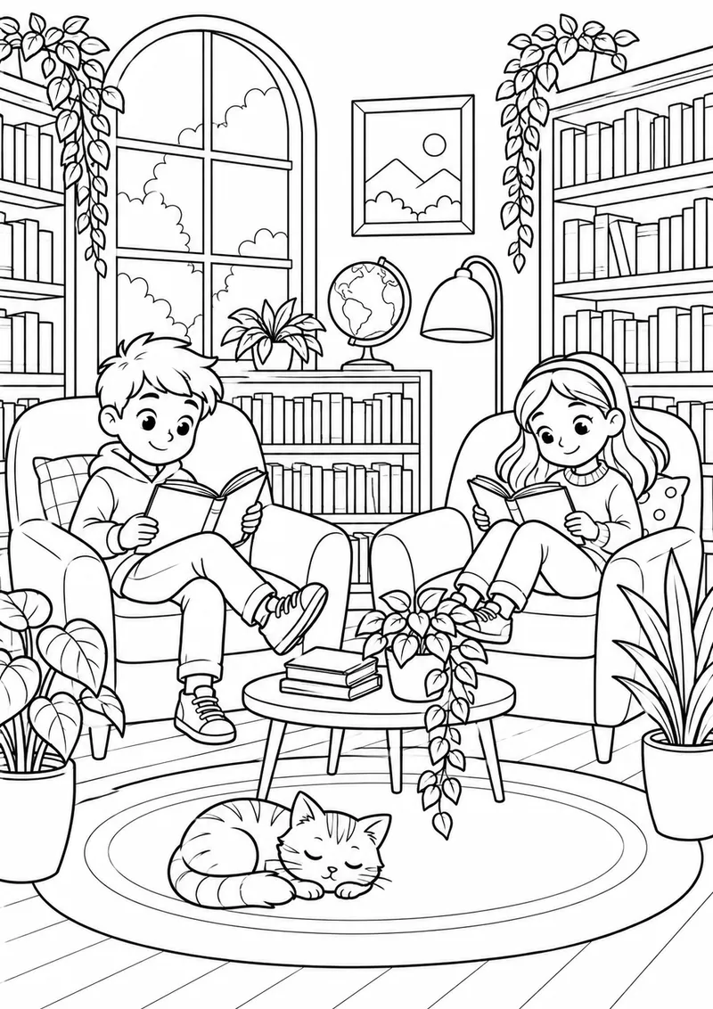 Biblioteca acolhedora com plantas e poltronas para colorir