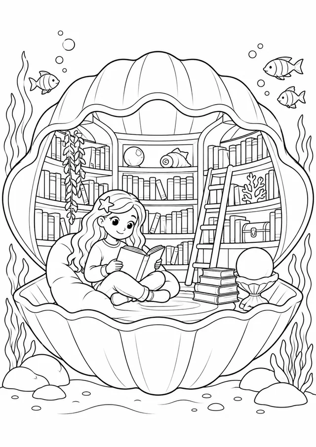 Biblioteca dentro de uma concha gigante para colorir