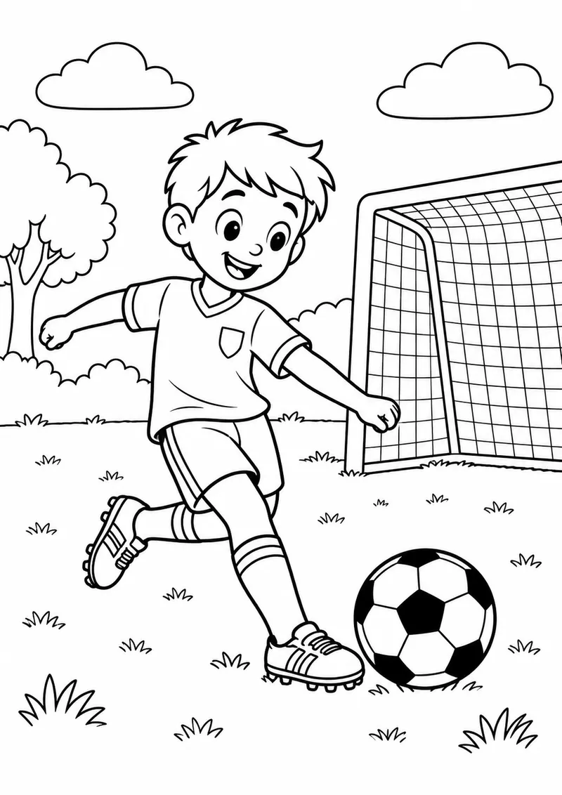 Menino chutando a bola junto à rede para colorir