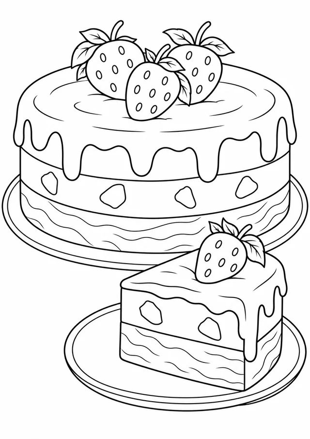 Bolo de sorvete com fatia e morangos para colorir