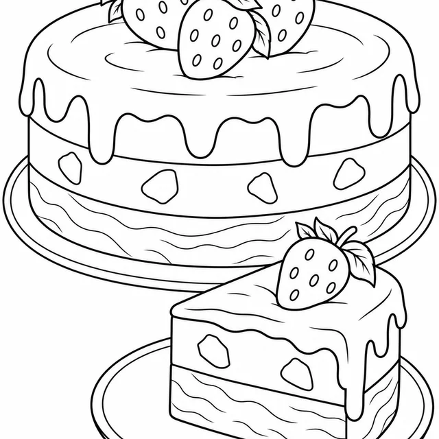 Bolo de sorvete com fatia e morangos para colorir