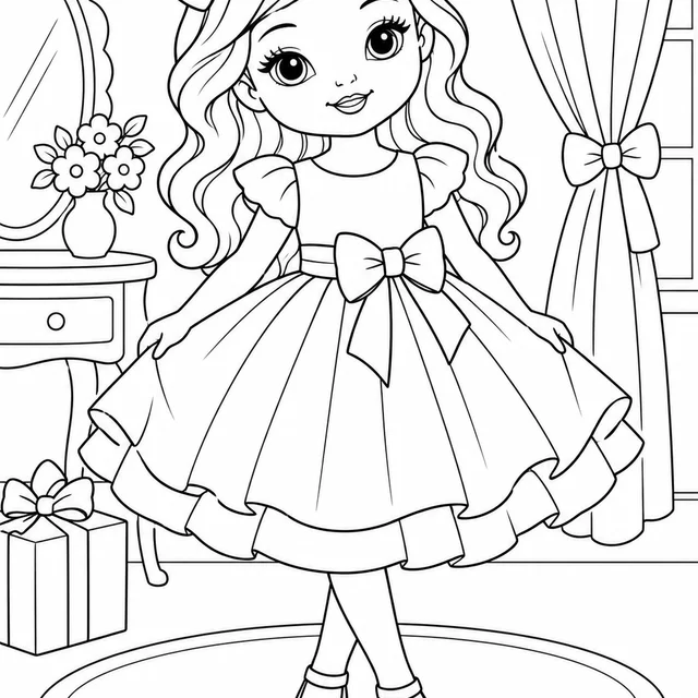 Boneca com vestido de festa e sapatos para colorir